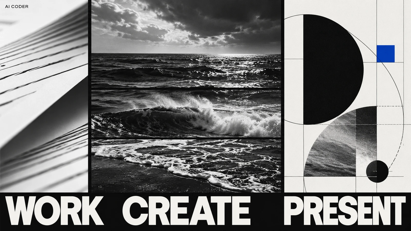 업무와 창작, 발표를 표현한 WORK CREATE PRESENT 타이포그래피와 흑백 사진의 교육 콘셉트 그래픽